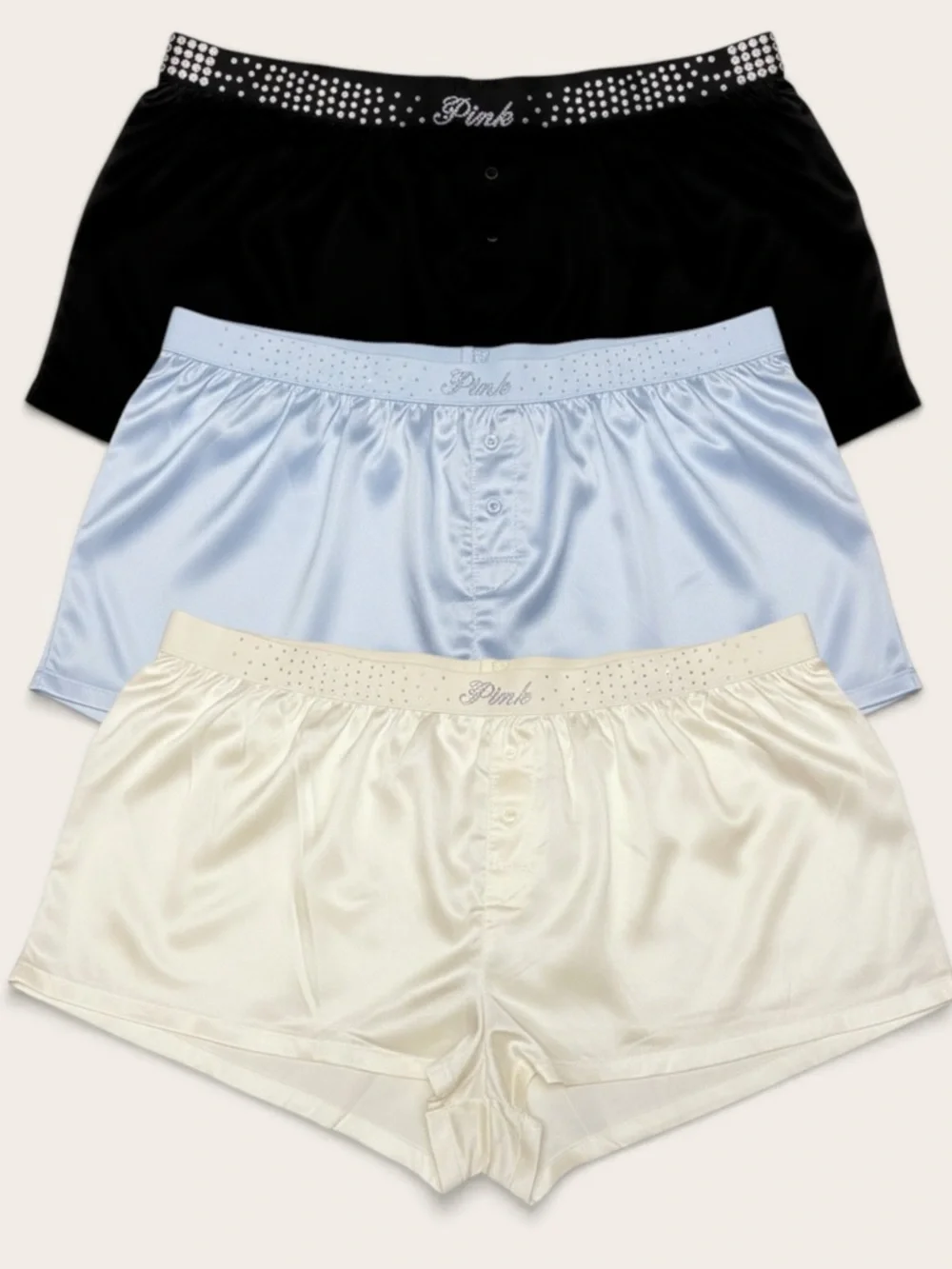 PINK Victoria's Secret Satin Boxer Short Set of 3 in Black, Light Blue & Cream